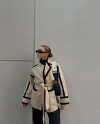 Elegant Blazer Jacket with Waist Belt and Contrast Stitching
