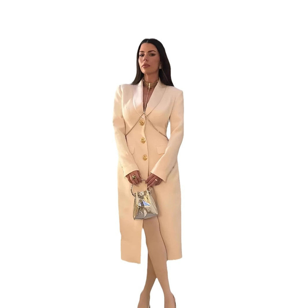 Elegant Long Coat with Gold Buttons and Classic Cut