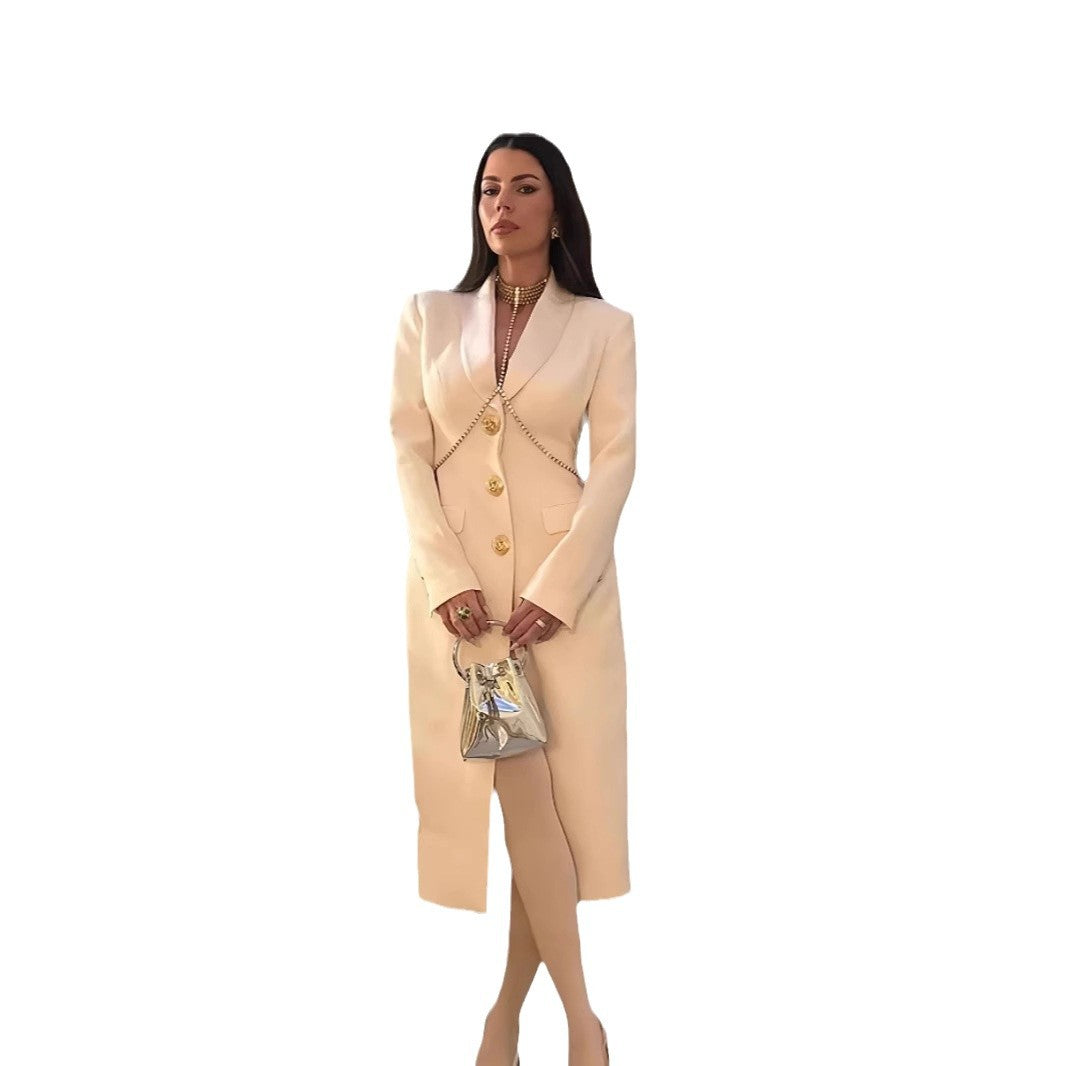 Elegant Long Coat with Gold Buttons and Classic Cut