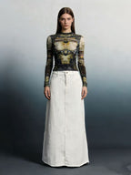 Women's High-Waisted Denim Maxi Skirt with Frayed Hem