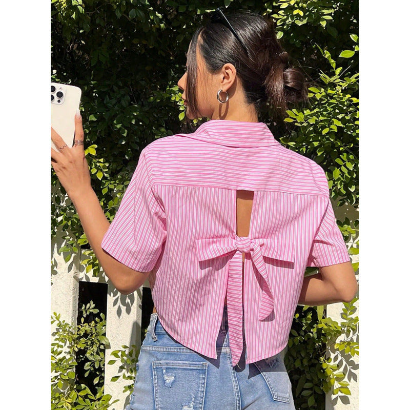 Women's Short-Sleeve Shirt with Tie Belt and Back Cutout