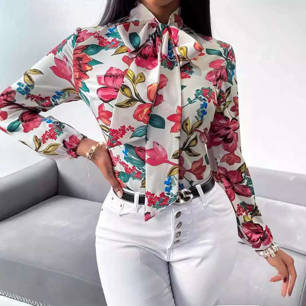 Women's Blouse with Bow Detail and Floral Design