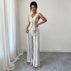 Women's Elegant Pants Suit with Fitted Top and Button Details