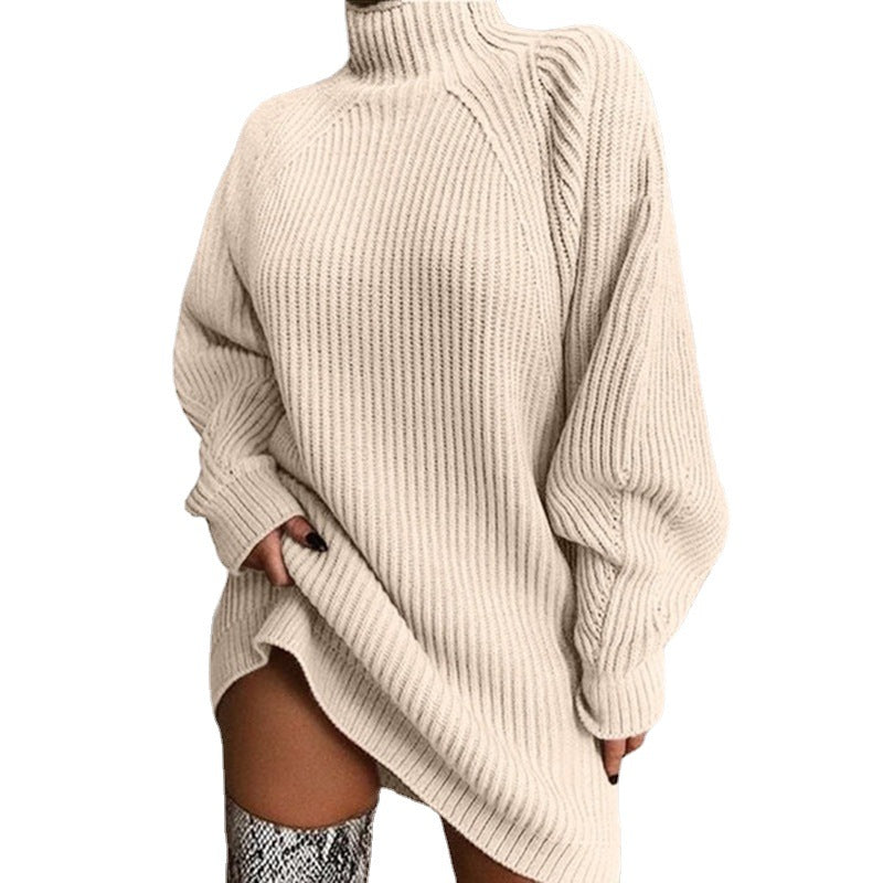 Women's Large Knit Sweater with High Collar and Wide Sleeves