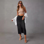 Women's Casual Denim Skirt with Side Slit and Frayed Hem