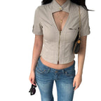 Women's Short-Sleeve Blouse with Refined Collar and Zipper