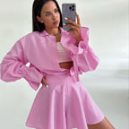 Women's Fashionable Leisure Outfit with Balloon Sleeves and Wrap Skirt