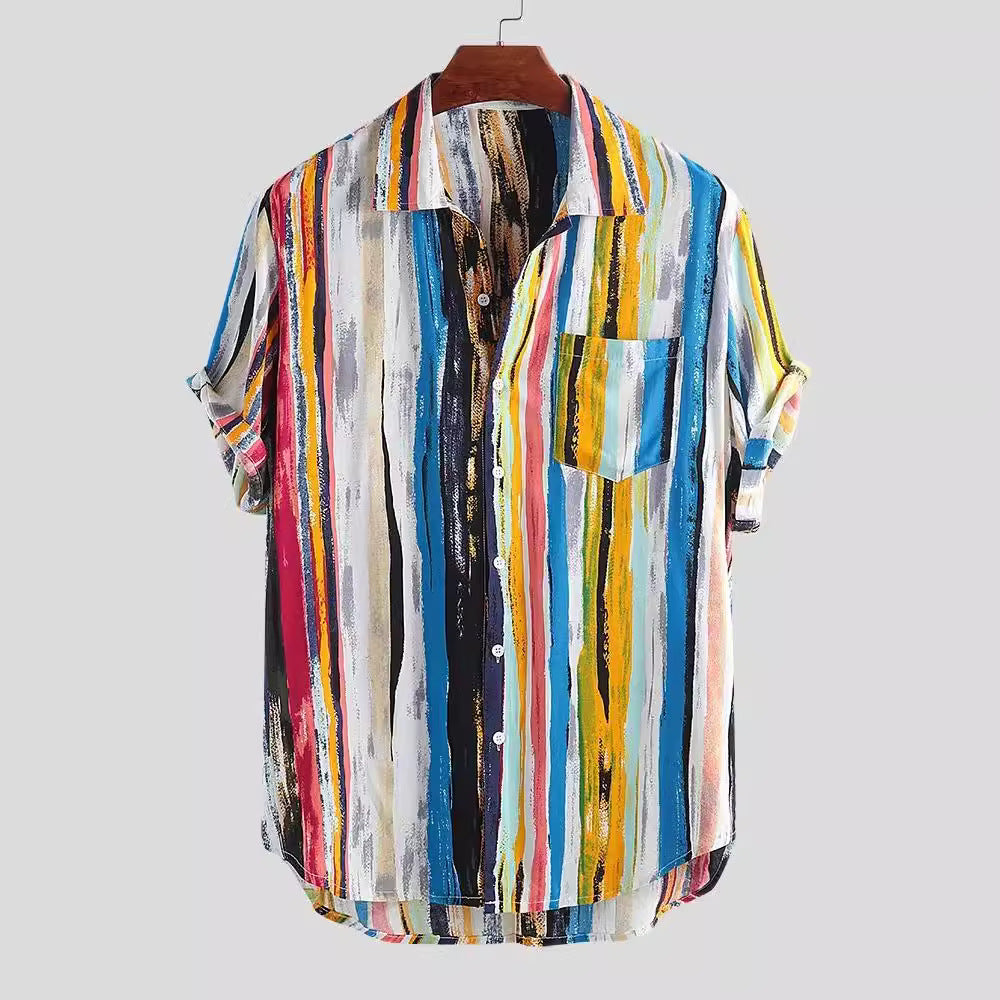 Women's Short-Sleeve Shirt with Modern Striped Pattern and Chest Pocket