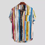 Women's Short-Sleeve Shirt with Modern Striped Pattern and Chest Pocket