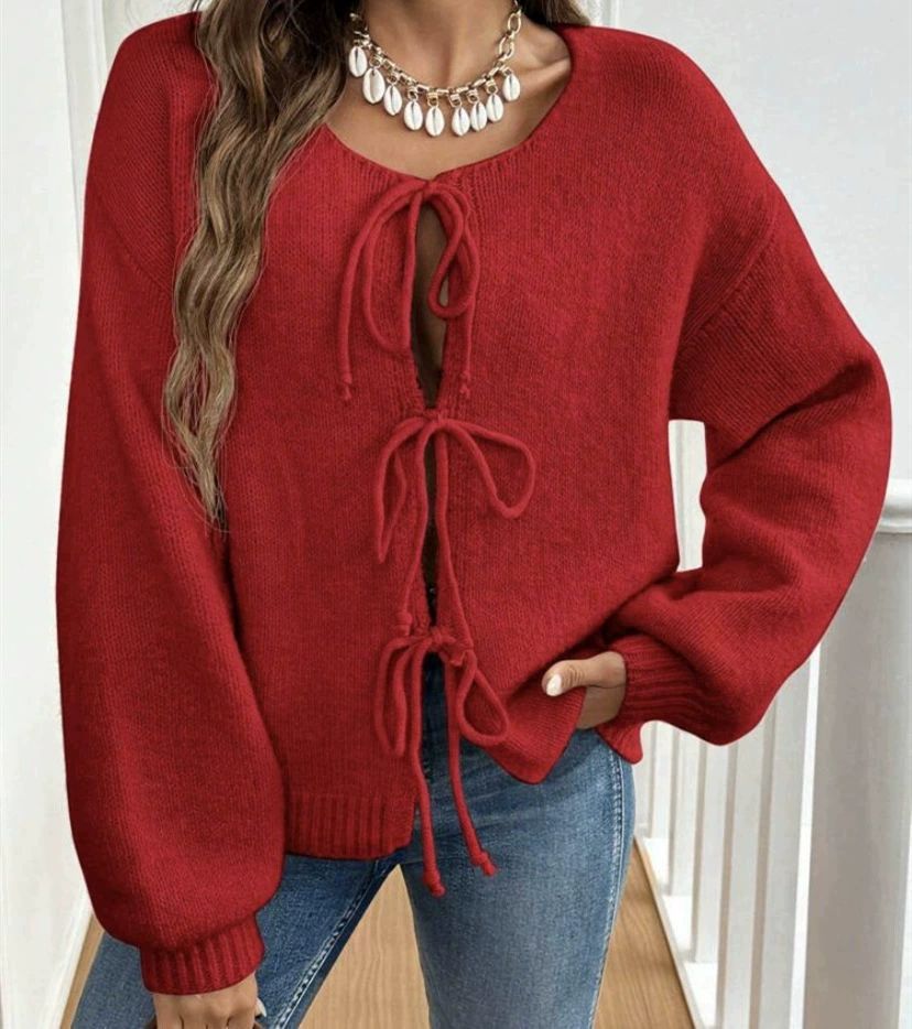 Women's Cozy Knit Sweater with Decorative Lace-Up Detail and Wide Sleeves
