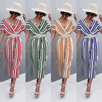 Elegant V-Neck Jumpsuit with Wide Sleeves and Striped Design