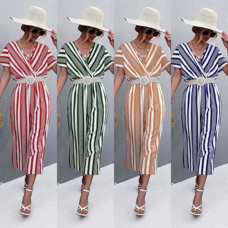 Elegant V-Neck Jumpsuit with Wide Sleeves and Striped Design