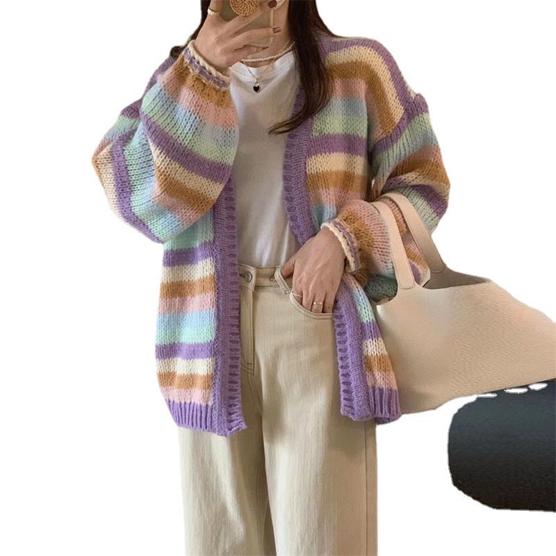 Women's Patterned Knit Cardigan with Airy Sleeves and Soft Color Gradients