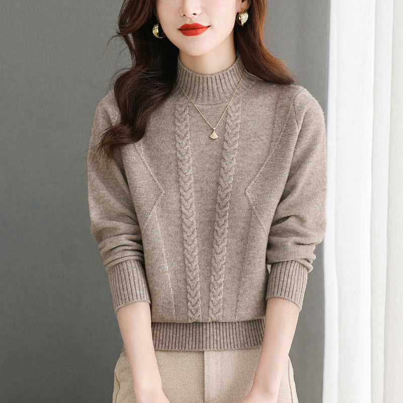 Women's Chunky Knit Sweater with Cable Pattern and High Neck