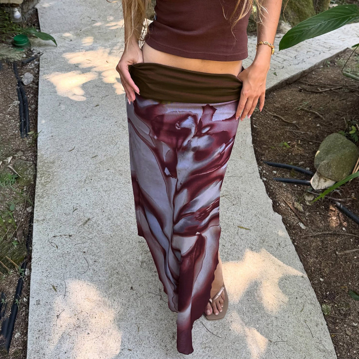 Floral Pattern Maxi Skirt with Elastic Waistband