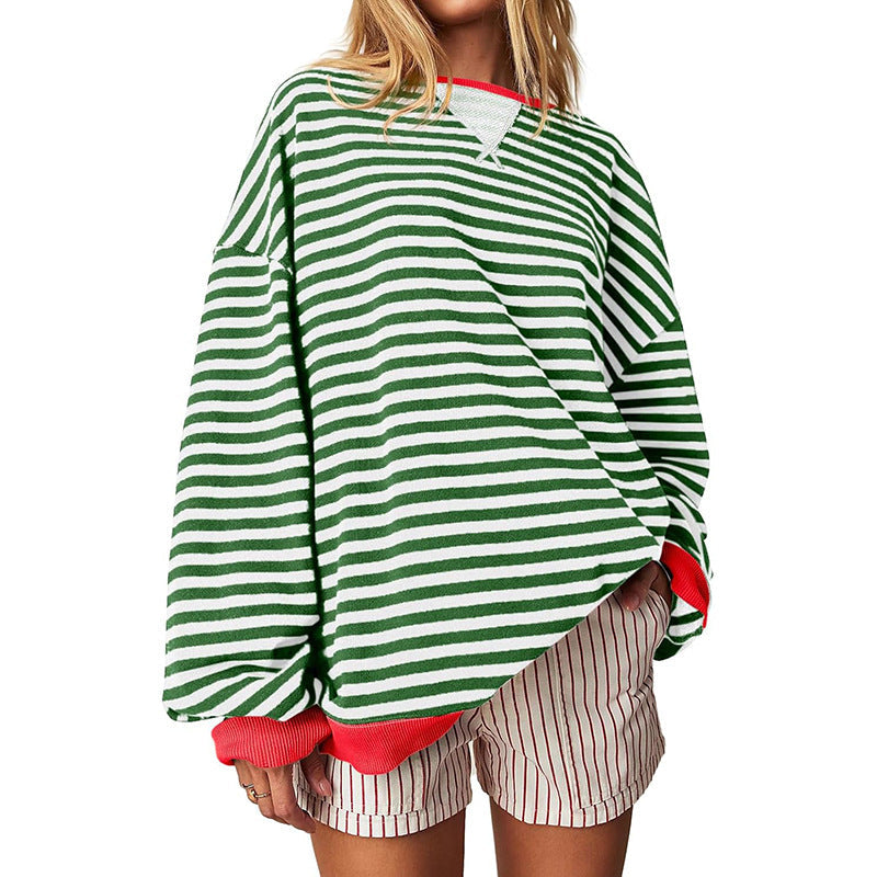 Women's Comfortable Striped Sweater with Raglan Sleeves and Elastic Cuffs