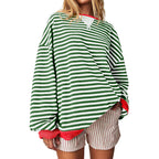 Women's Comfortable Striped Sweater with Raglan Sleeves and Elastic Cuffs