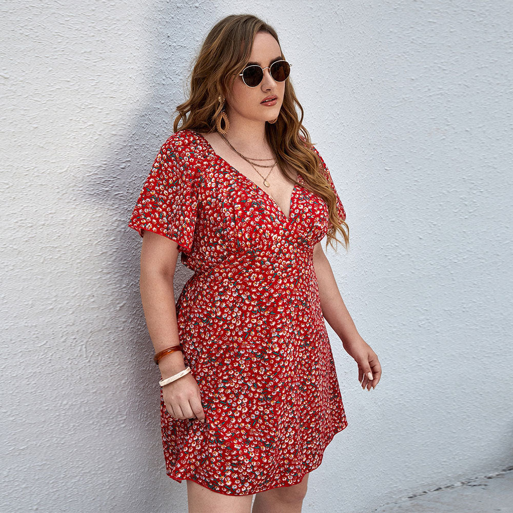 Women's Floral Summer Dress with V-Neck and Loose Sleeves