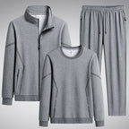 Men's Three-Piece Performance Training Set with Stand Collar Zip Jacket, Round Neck Sweater & Tapered Jogging Pants