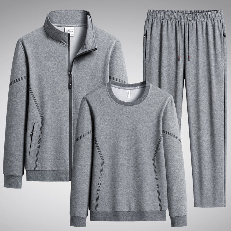 Men's Three-Piece Performance Training Set with Stand Collar Zip Jacket, Round Neck Sweater & Tapered Jogging Pants
