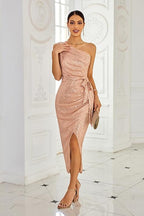 Women's Asymmetrical Evening Dress with Sequins and High Slit