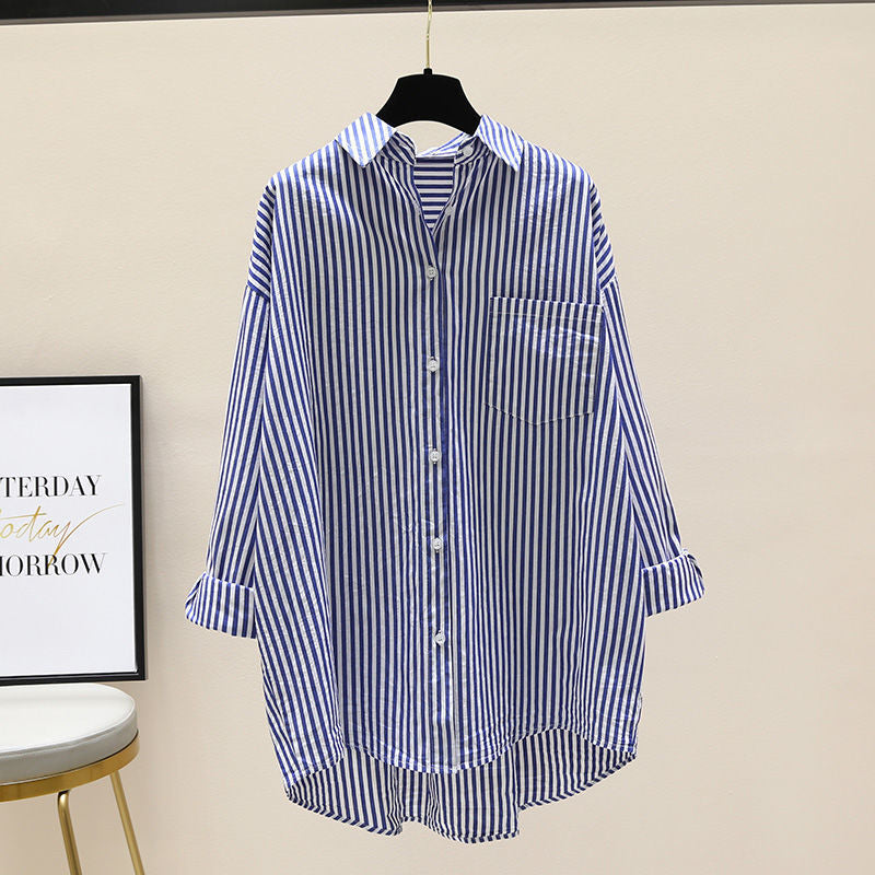 Women's Striped Oversized Shirt with Longer Back and Practical Chest Pocket