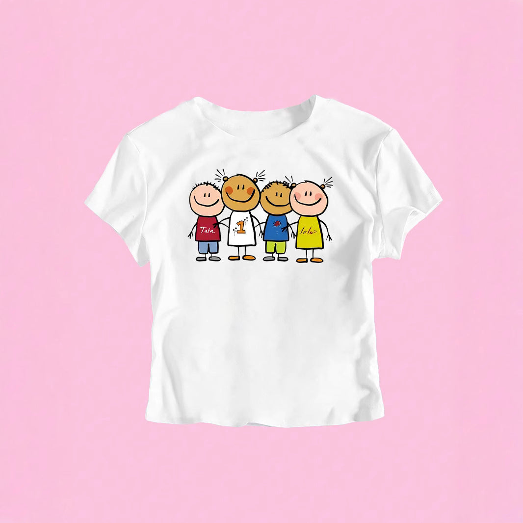 Women's Crop T-Shirt with Creative Children's Drawing Pattern