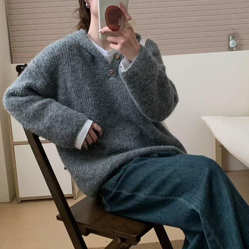 Women's Comfortable Knit Sweater with Button Placket and Hood