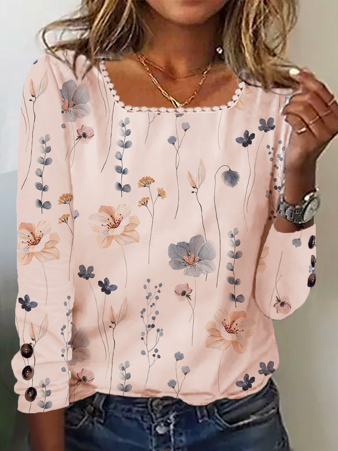 Women's Blouse with Floral Print and Decorative Button Details