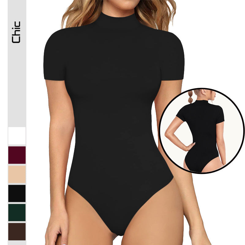Women's Short-Sleeve Bodysuit with High Collar