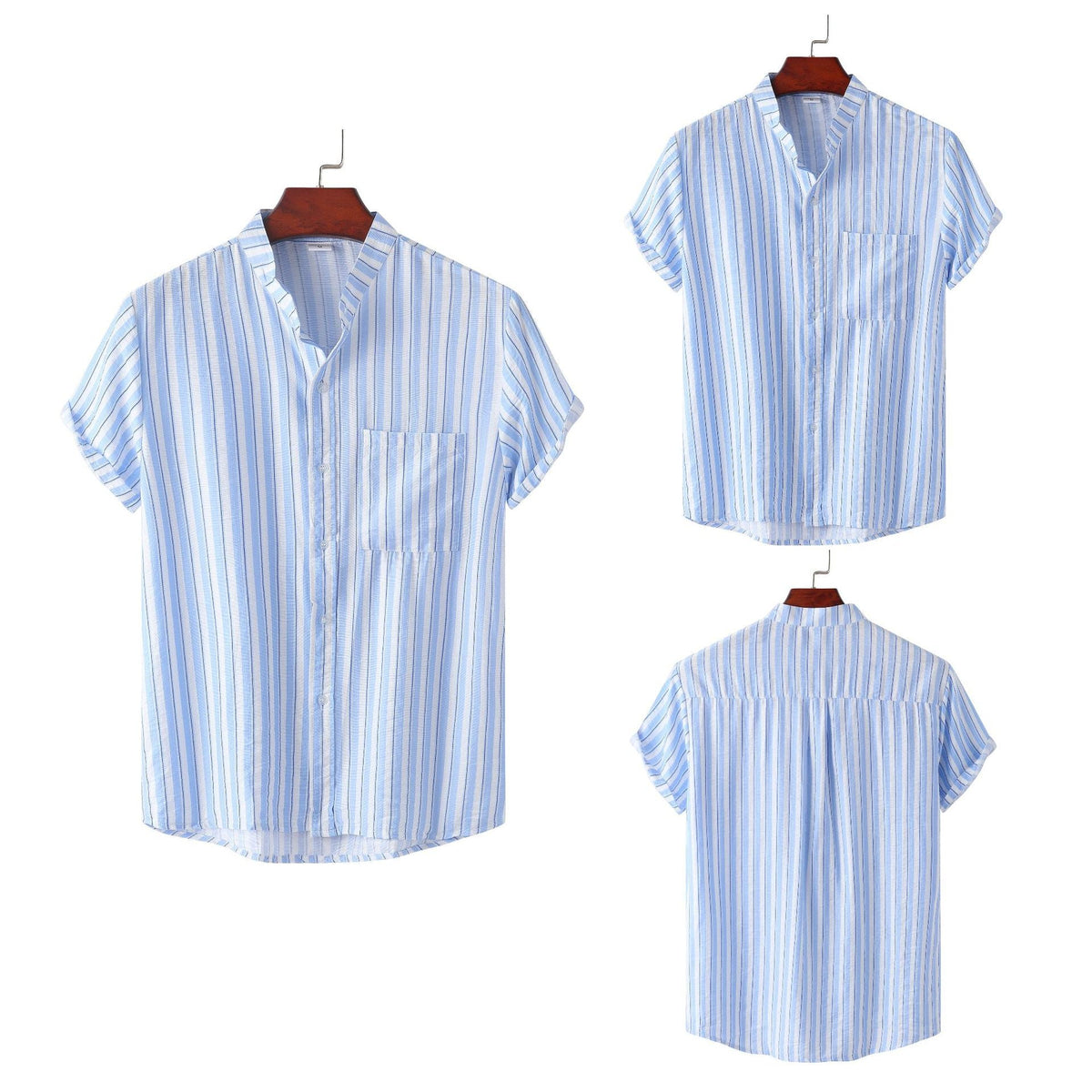 Women's Short-Sleeve Shirt with Casual Stand-Up Collar and Fine Stripe Pattern