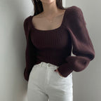 Women's Cropped Sweater with Voluminous Sleeves and Ribbed Texture
