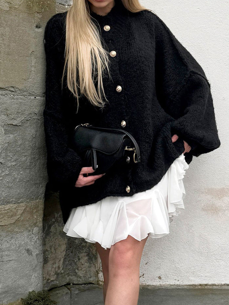 Women's Chunky Knit Sweater with Voluminous Sleeves and Comfortable Fit