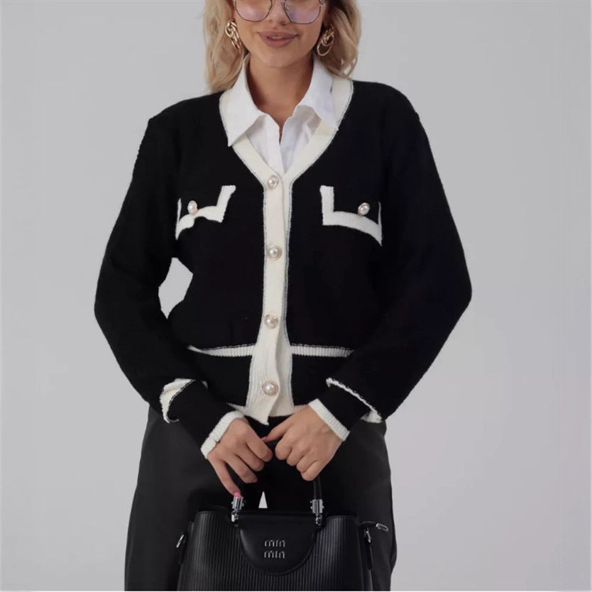 Women's Elegant Cardigan with Pearl Buttons and Contrast Details
