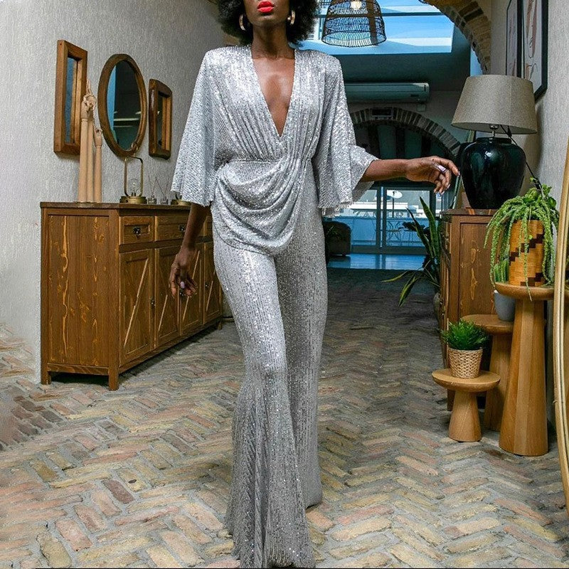 Women's Glamorous Sequin Jumpsuit with Wide Leg