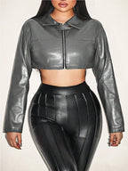 Women's Cropped Faux Leather Jacket with Innovative Zipper