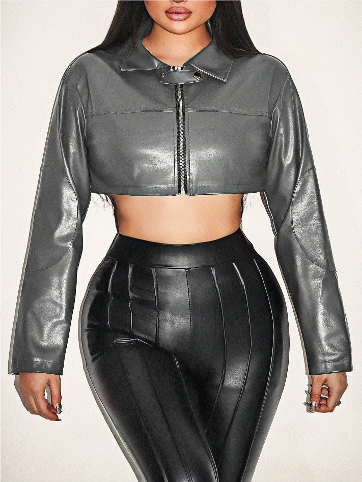 Women's Cropped Faux Leather Jacket with Innovative Zipper
