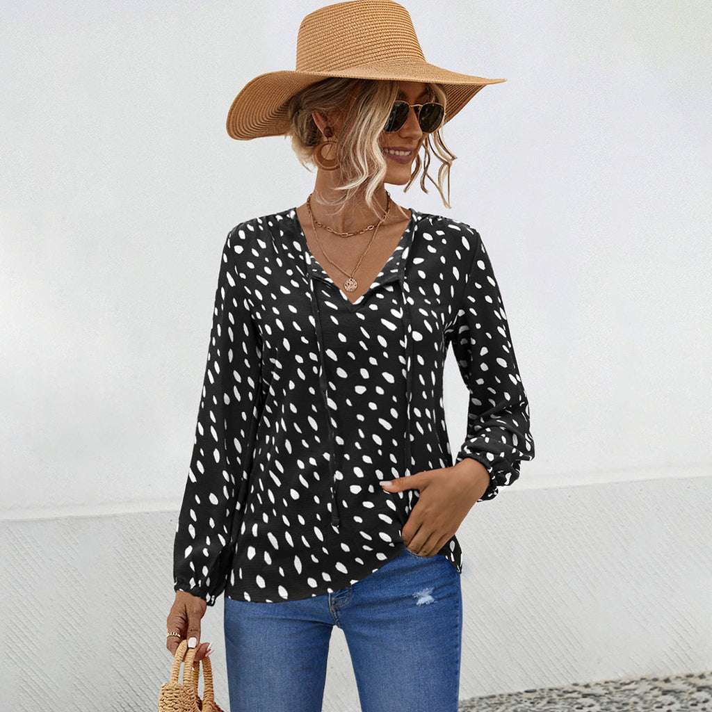 Women's V-Neck Blouse with Modern Polka Dot Design