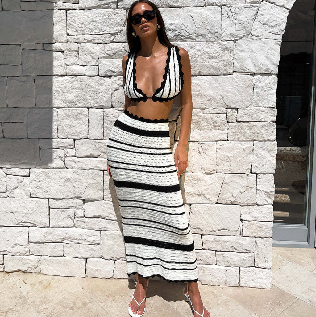 Women's Knitted Crop Top and Maxi Skirt Set