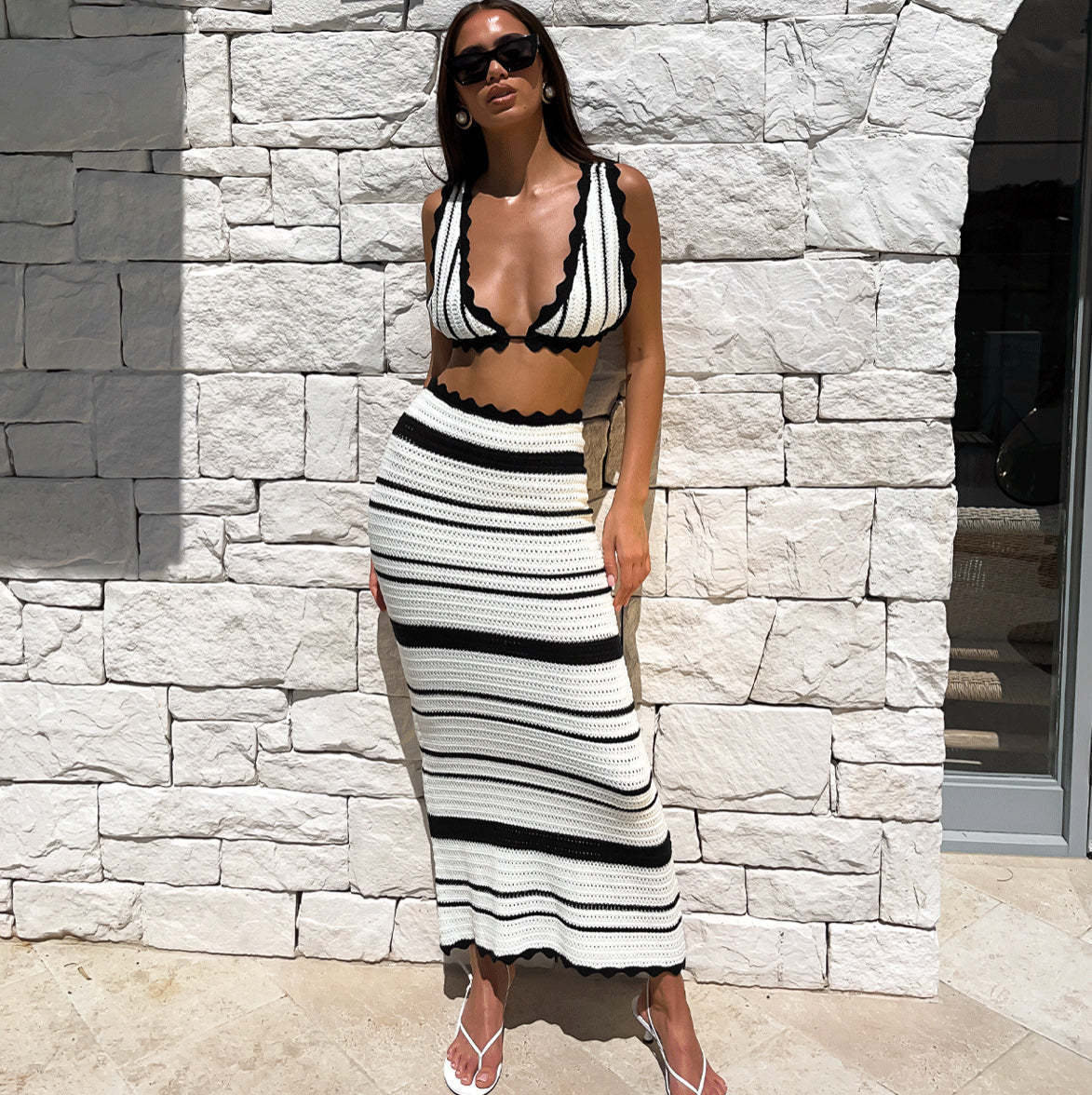 Women's Knitted Crop Top and Maxi Skirt Set