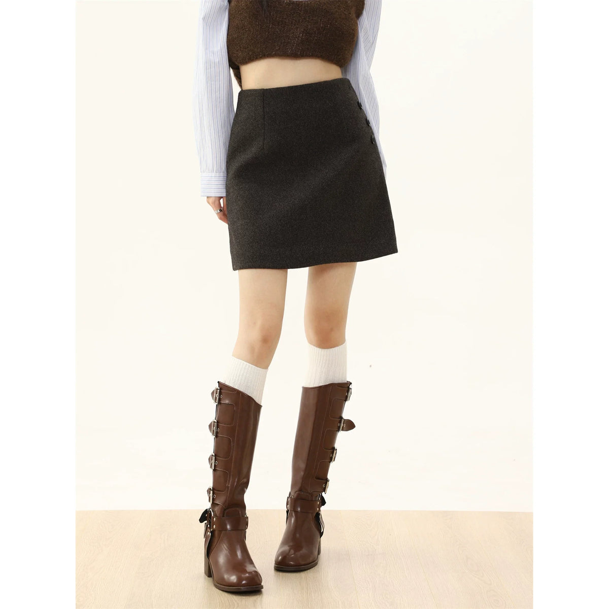 Women's A-Line Mini Skirt with High Waist and Side Button Detail
