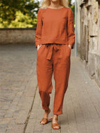 Women's Casual Two-Piece Linen Outfit with Wide Waistband