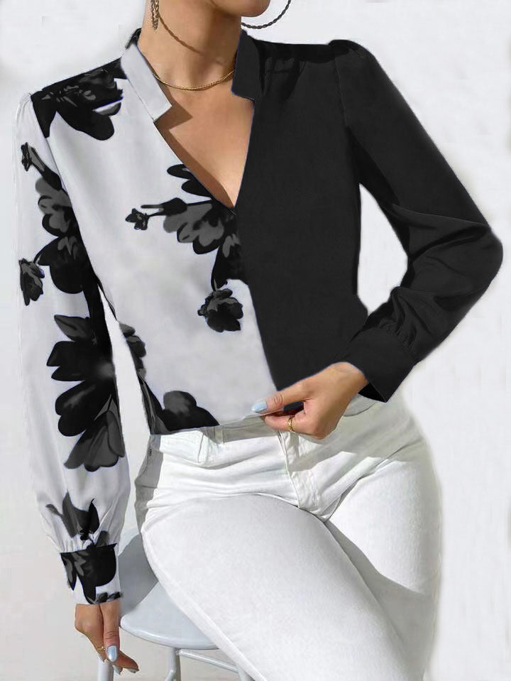 Women's Blouse with Unique Floral Pattern and Elegant V-Neck