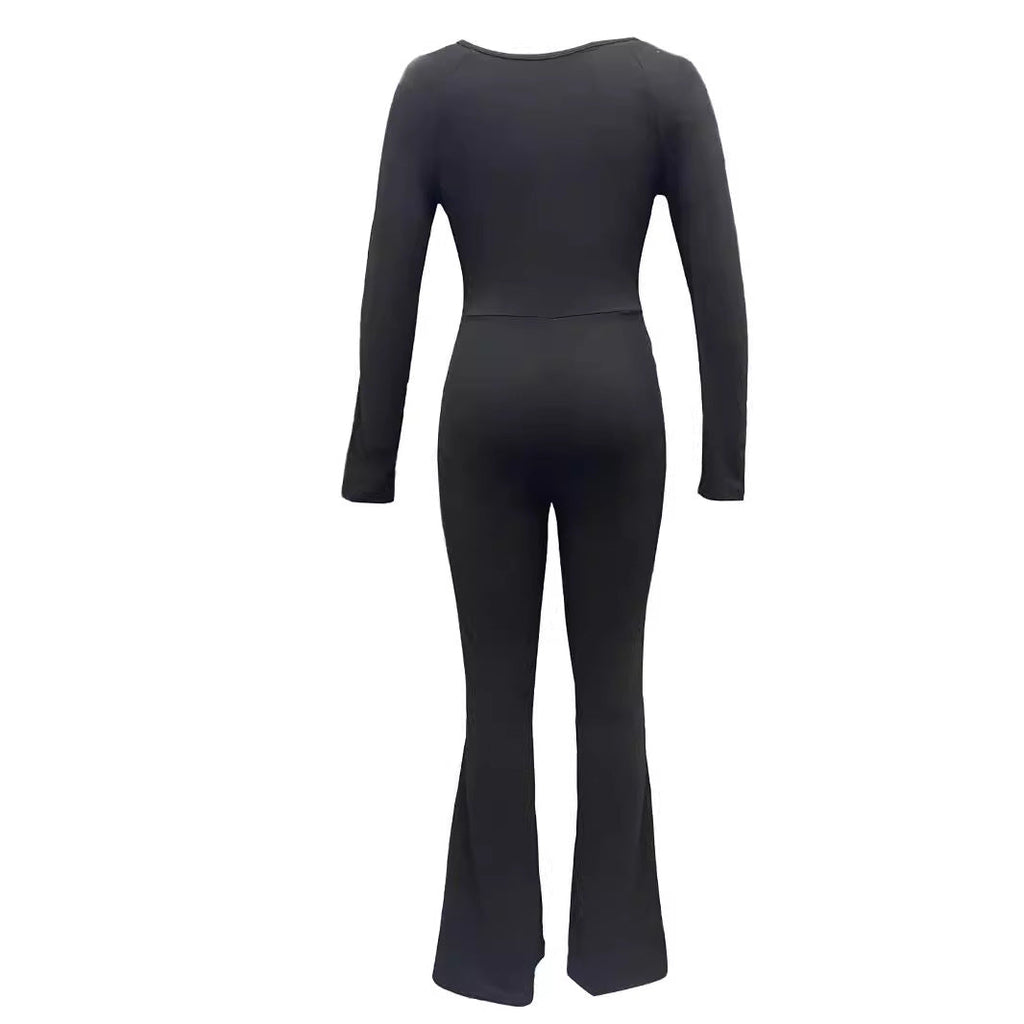 Women's Long-Sleeve Jumpsuit with Square Neck and Wide Leg