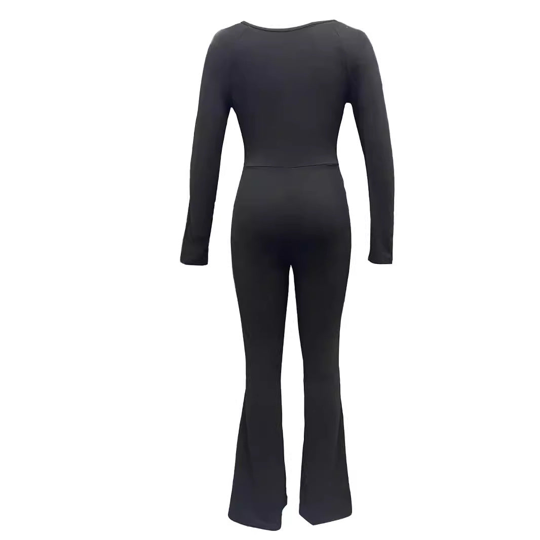 Women's Long-Sleeve Jumpsuit with Square Neck and Wide Leg