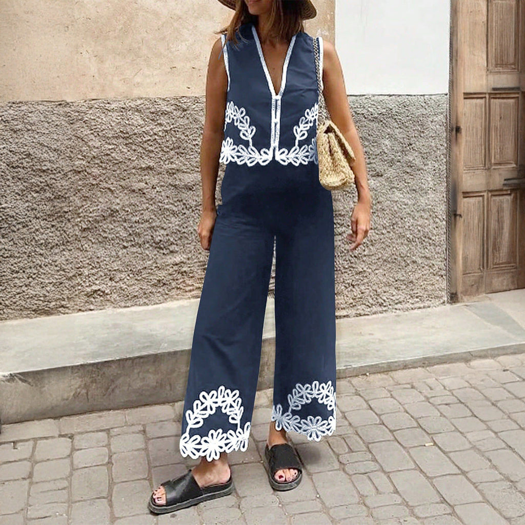 Women's Casual Two-Piece Summer Ensemble with Floral Crochet Trim
