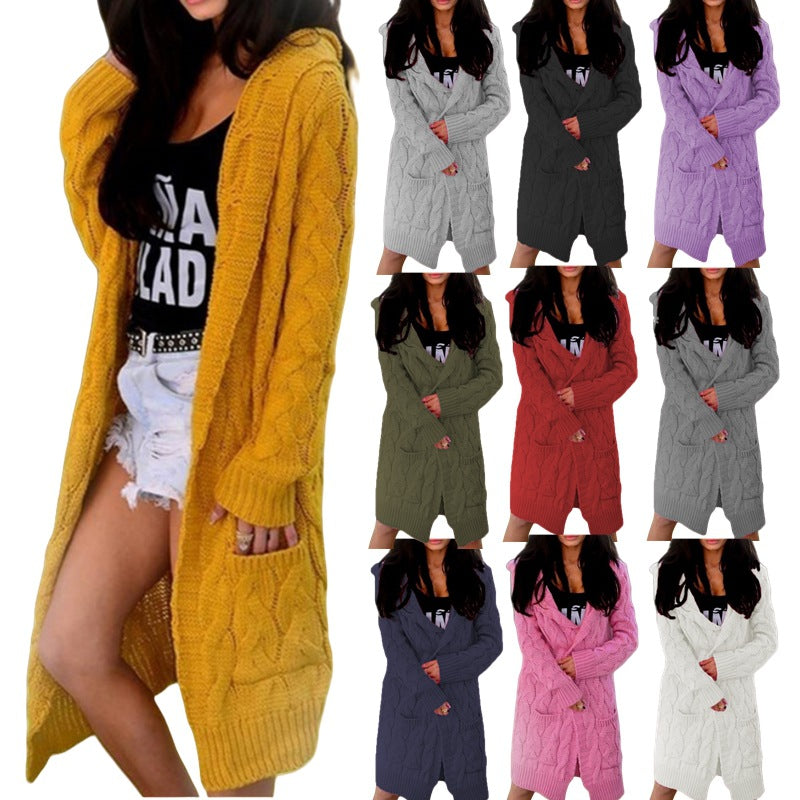 Women's Chunky Knit Coat with Hood and Pockets
