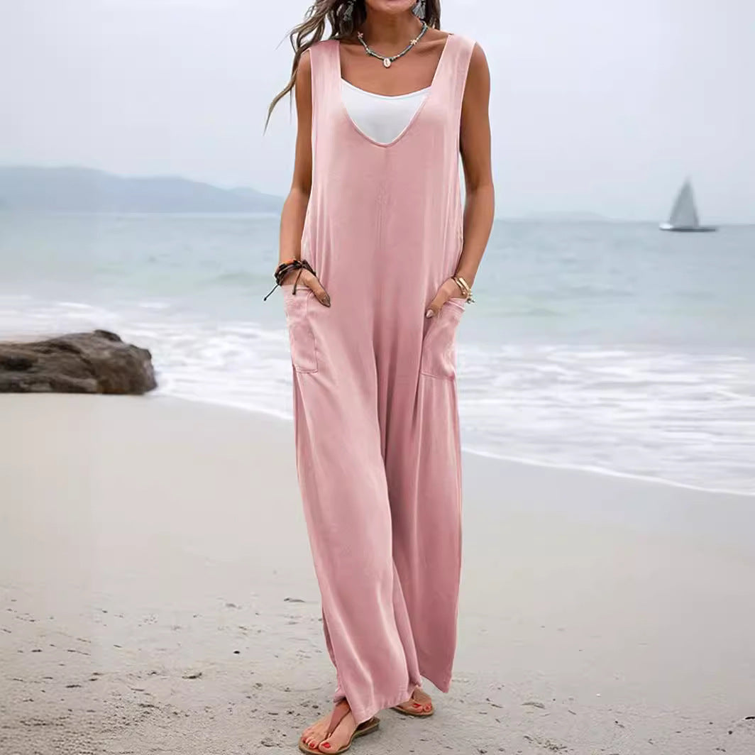 Women's Casual Wide Jumpsuit with V-Neck and Practical Pockets