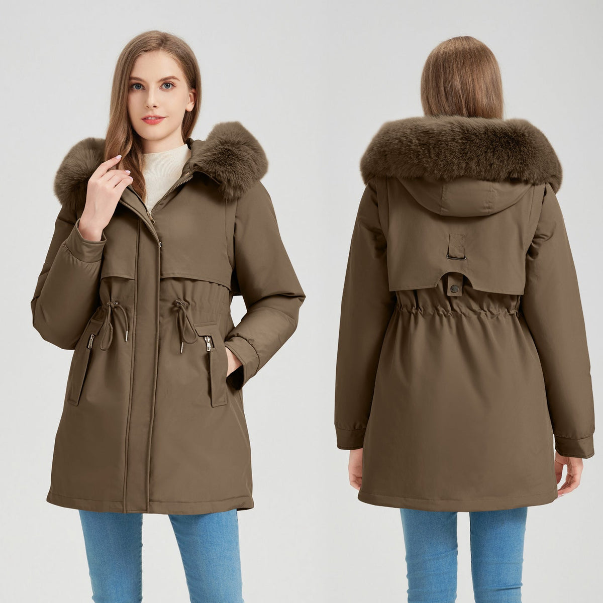 Women's Functional Parka with Detachable Faux Fur Collar and Waist Drawstring