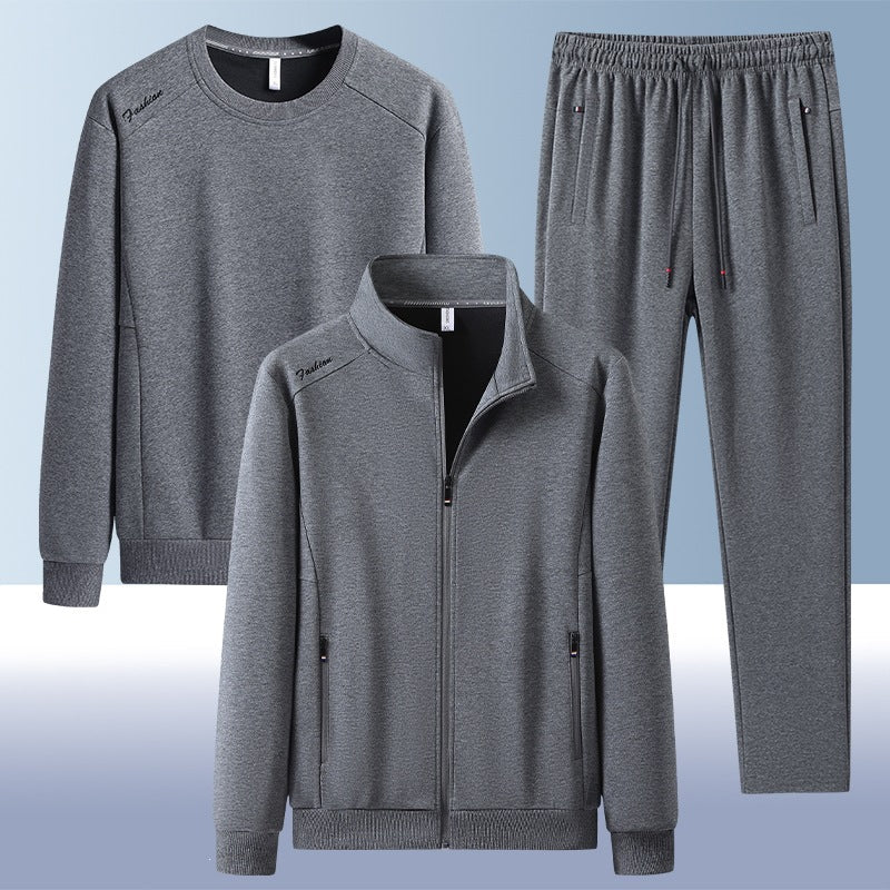 Men's two-piece training set with stand-up collar zip jacket, round neck sweatshirt, and tapered jogging pants